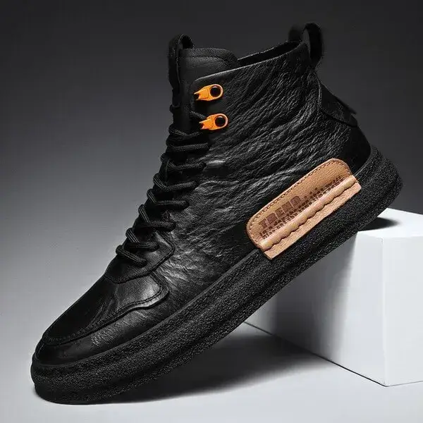 Mens Label PU High-Top Sneakers | Chunky Heel Casual Shoes in Black