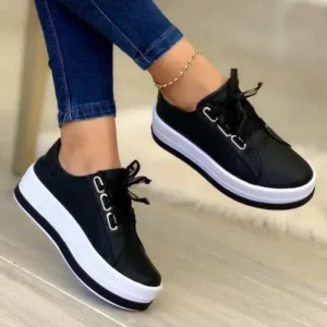 Dhoomstock Women Casual Round Toe Lace-Up Block Color Platform Shoes PU Sneakers