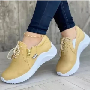 Dhoomstock Women Casual Round Toe Low Cut Lace-Up PU Side Zipper Design Solid Color Sneakers